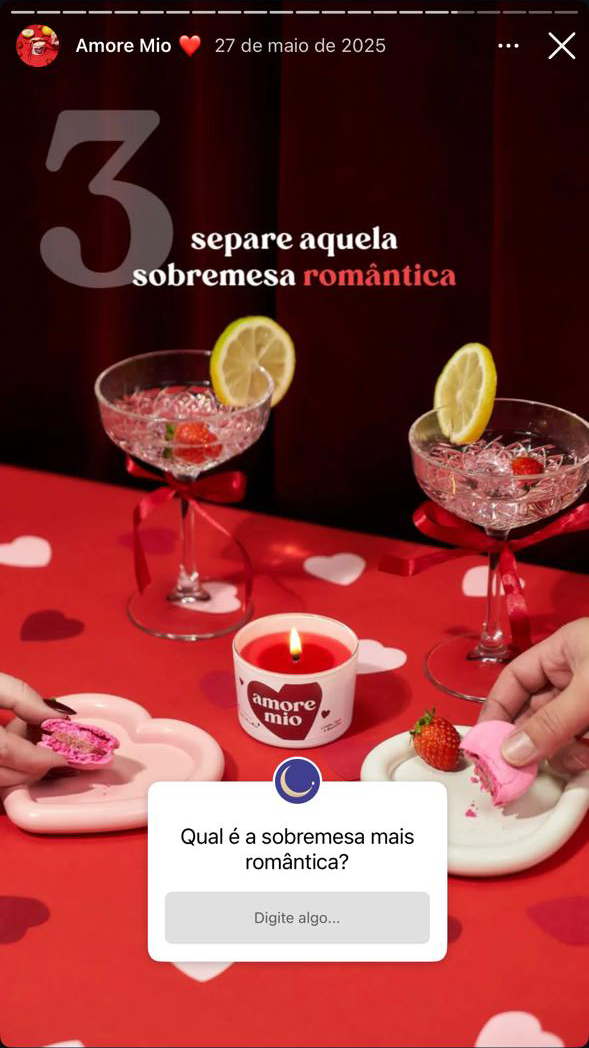 Arte de stories para a campanha Amore Mio nas redes sociais da Candela Luna