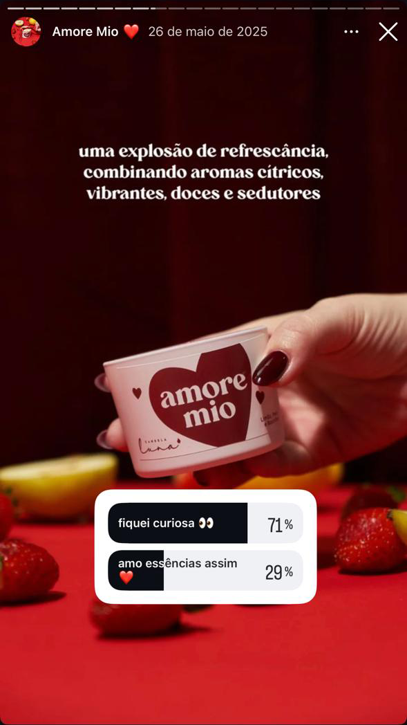 Arte de stories para a campanha Amore Mio nas redes sociais da Candela Luna
