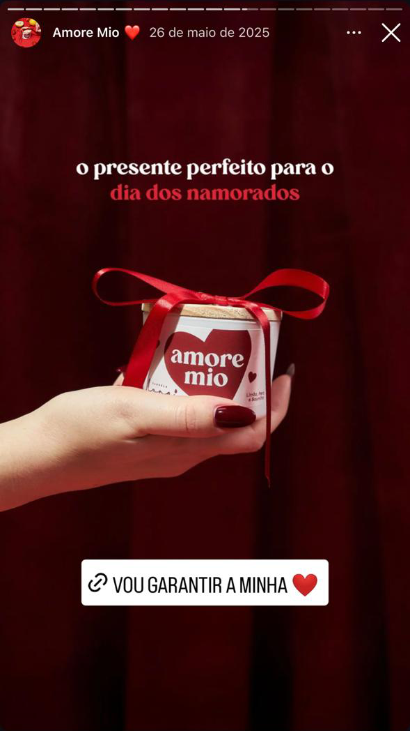 Arte de stories para a campanha Amore Mio nas redes sociais da Candela Luna